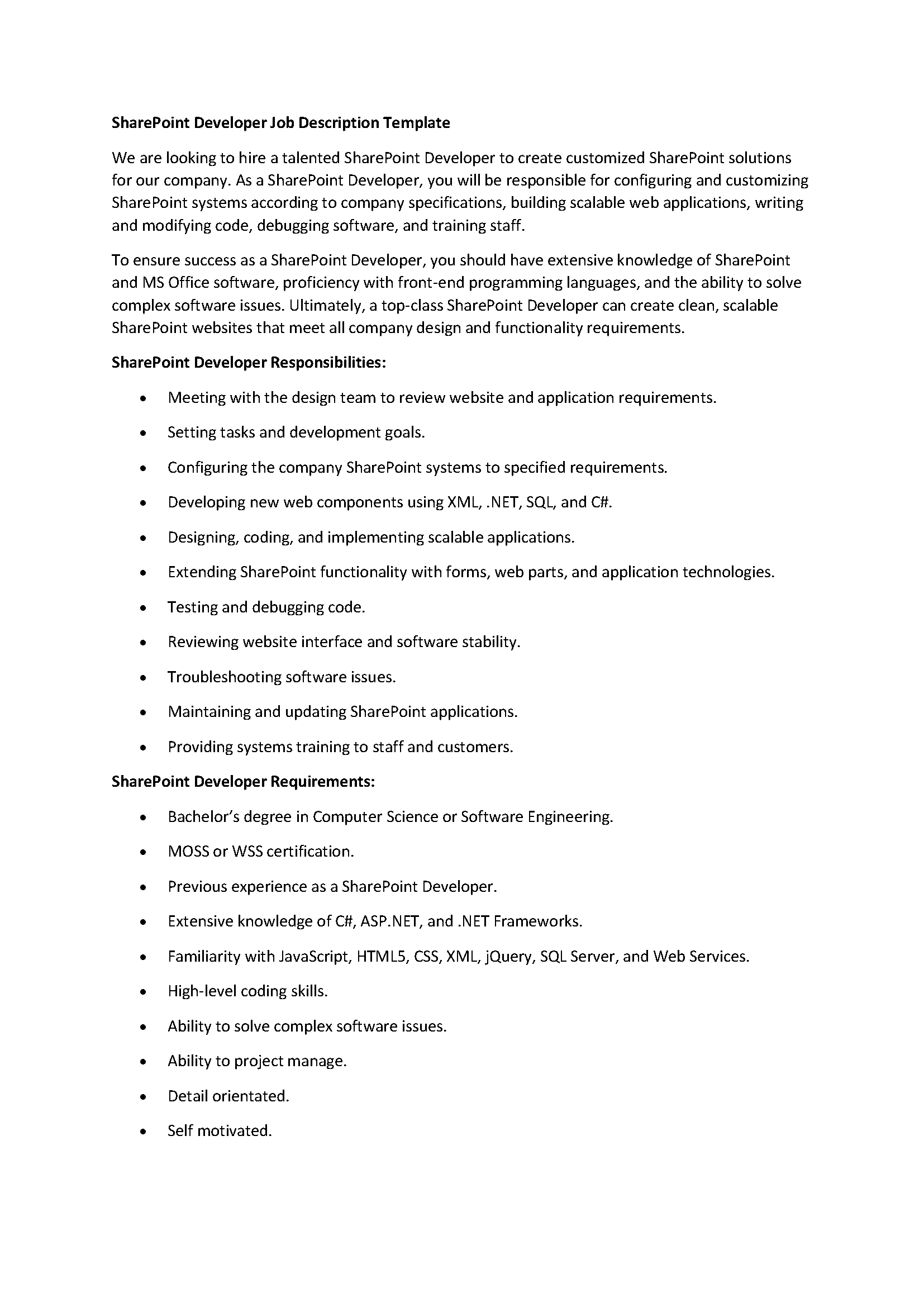 SharePoint Developer Job Description Template